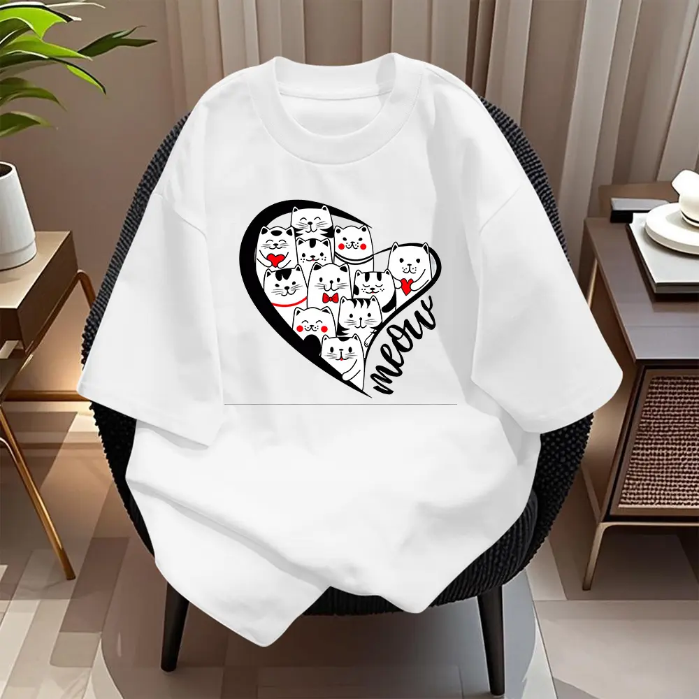 Áo Thun Cotton Ngắn Tay Cho Nữ, In Hình Mèo Con Dễ Thương