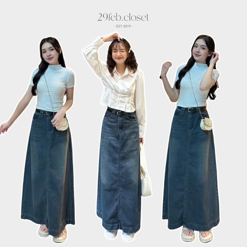 29feb.closet Chân Váy Jeans Dài Cạp Cao Có Gấu Tua Rua Cá Tính Thời Trang Hàn Quốc - CV43A Nữ Women