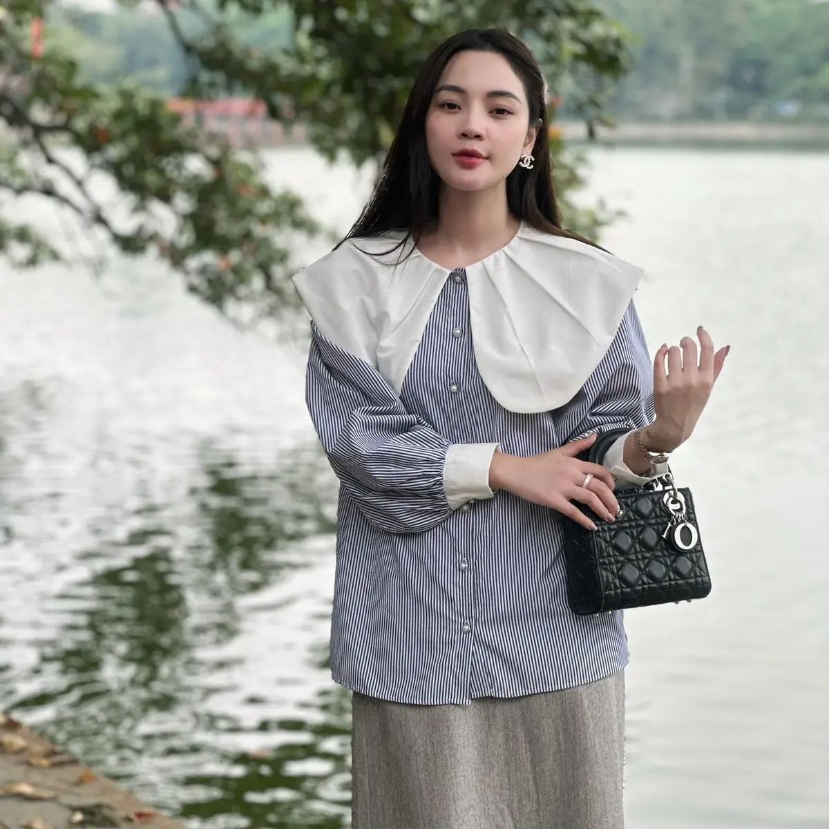 LIIN Áo sơ mi tay dài 4 màu thiết kế cổ bèo to tay bồng nhẹ khuy ngọc cao cấp sang chảnh thanh lịch