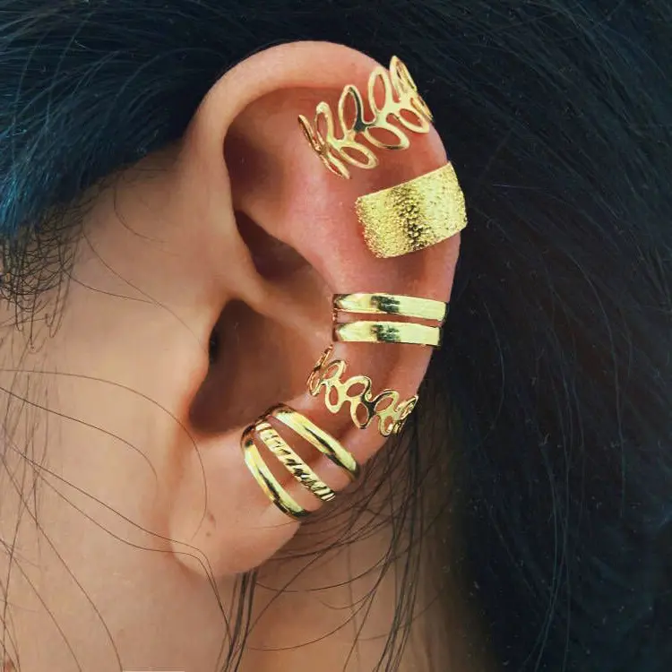 Creative Simple Non-Pierced Ear Cuff Five-Piece Set Personality Gold Leaf Hollow Multi-Layer Earrings C-Shaped Ear Clips