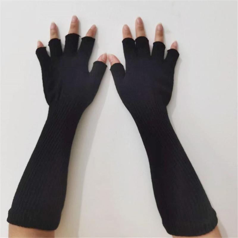 Product Introduction of Women Girls Pure Black Warm Elbow Long Work Gloves Arm Warmers Half Finger Gloves 13