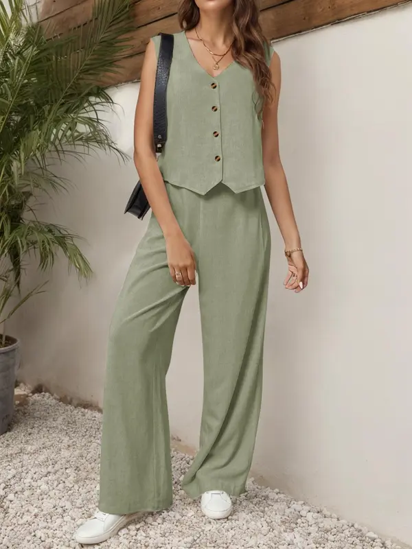 YOZY V Neck Vest & Elastic Waist Pants Set, Button Front Casual Sleeveless Top & Wide Leg Trousers, 2024 Women's Wear for Spring & Summer & Autumn, XS-XXl, Tops That Hide Stomach, Clothing 1