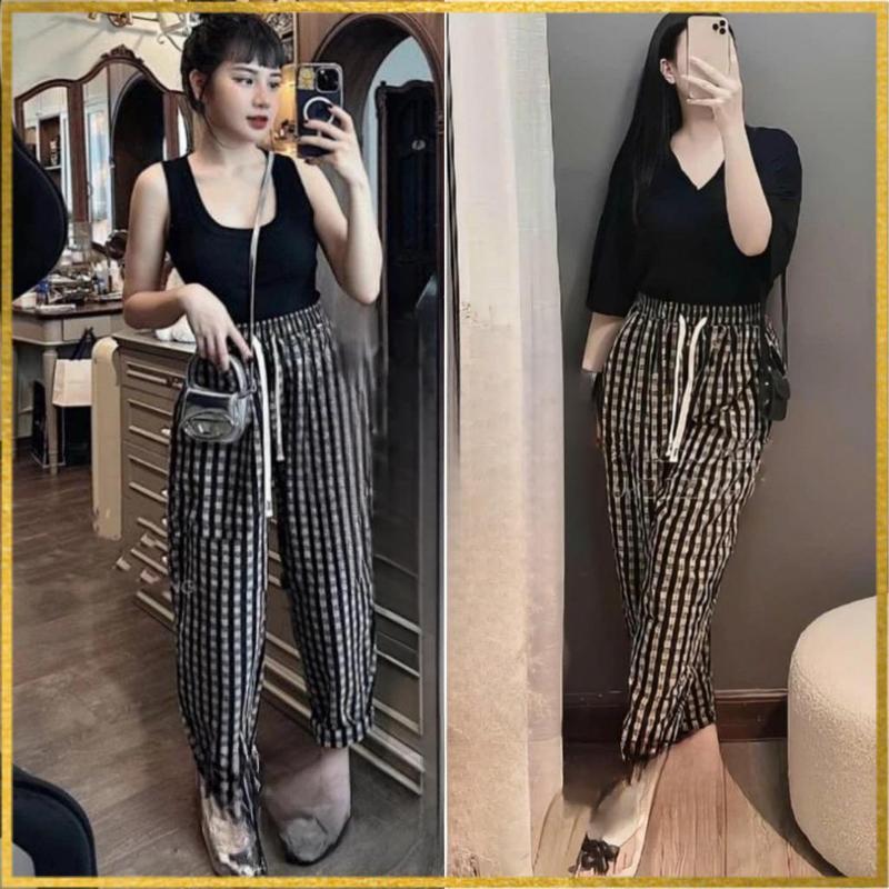 Quần Baggy Dạ Kẻ Caro Cạp Cao Dáng Thụng Lên Form Xinh Tôn Dáng cực Sang Chảnh Nữ - Màu Kẻ Xám - Women