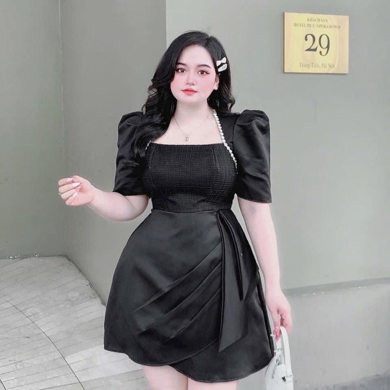 [ANiE Bigsize] Đầm Tiệc Đính Viền Đá Tay Phồng Xếp Eo Bigsize 60 đến 90ký Chất Vải Tapta Dáng Ngắn Có màu Đen/ Trắng/ Kem Để Đi Tiệc Hoặc Đi Chơi Nữ Dress Women