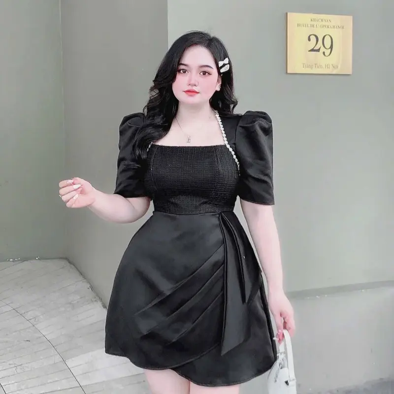 [ANiE Bigsize] Đầm Tiệc Đính Viền Đá Tay Phồng Xếp Eo Bigsize 60 đến 90ký Chất Vải Tapta Dáng Ngắn Có màu Đen/ Trắng/ Kem Để Đi Tiệc Hoặc Đi Chơi Nữ Dress Women 0