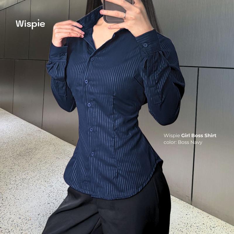 Wispie Girl Boss Fitted Shirt | Kemeja kerja wanita fit garis stripe karet Lembut pink hijau biru 8