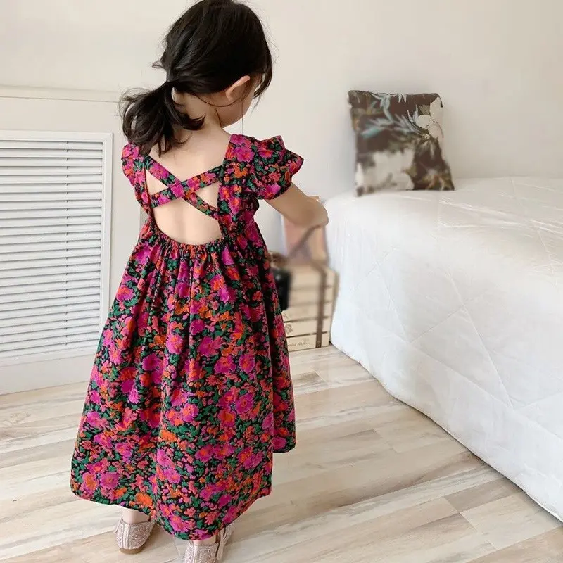 Girl Dress Princess Fairy Floral Backless Casual Sundress Holiday Beach Party Dress Children Summer Clothing