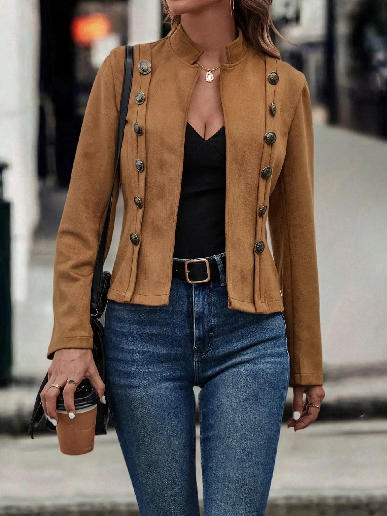 Women's Solid Button Decor Funnel Neck Suede Jacket, Casual Long Sleeve Short Outerwear for Fall & Winter, Ladies Clothes for Daily Wear