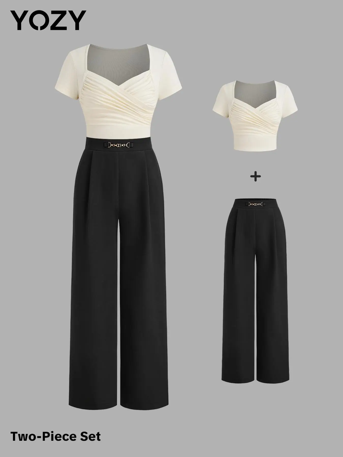 YOZY Women's Solid Color Ruched Top & Wide Leg Pants Two-piece Set, Elegant Fashion Casual Commuter Outfits for Work Office Business, Ladies Fall & Winter Clothes