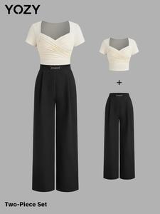YOZY Women's Solid Color Ruched Top & Wide Leg Pants Two-piece Set, Elegant Fashion Casual Commuter Outfits for Work Office Business, Ladies Fall & Winter Clothes