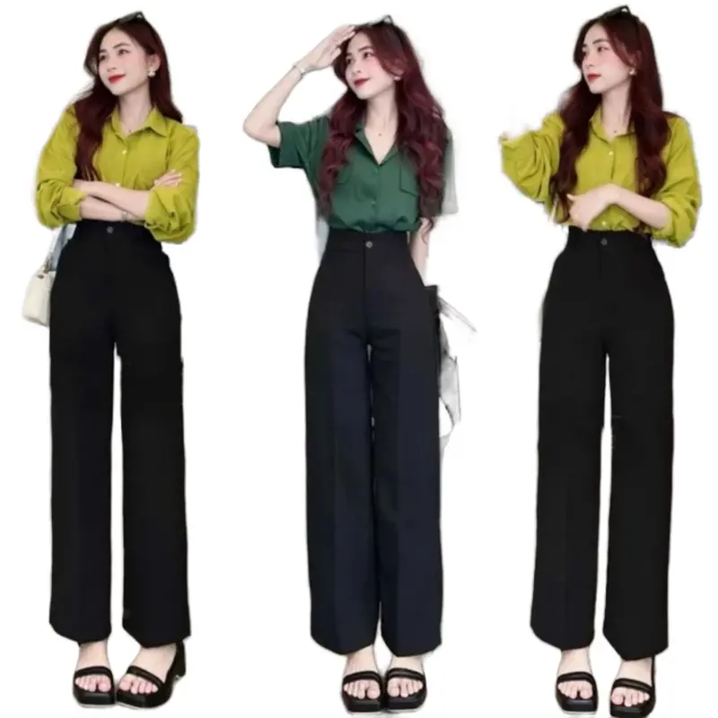 ￼Quần ống suông rộng lưng cao 1 khuy có 2 túi bên màu Đen,Quần  nữ ống rộng đi học làm công sở vải dày mềm Ong Women Pants 0
