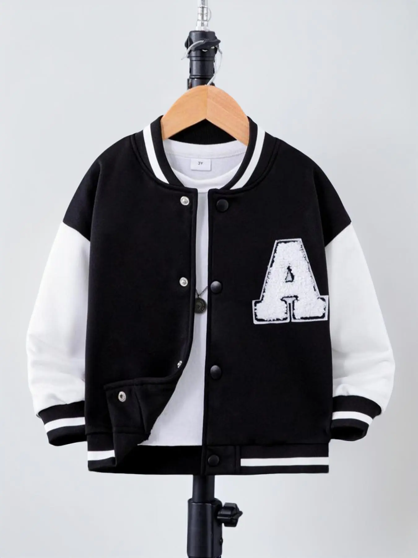 Toddler Boys' Button Front Pocket Bomber Jacket, Letter ''A'' Colorblock Print Drop Shoulder Outerwear, Kids Clothes for Fall & Winter