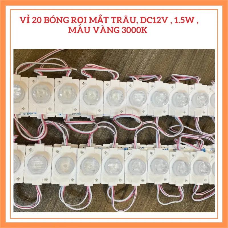 Vỉ 20 bóng led rọi mắt trâu, màu vàng Warm white, DC12V ,công suất bóng 1.5W , Kích thước 48mmx32mm.