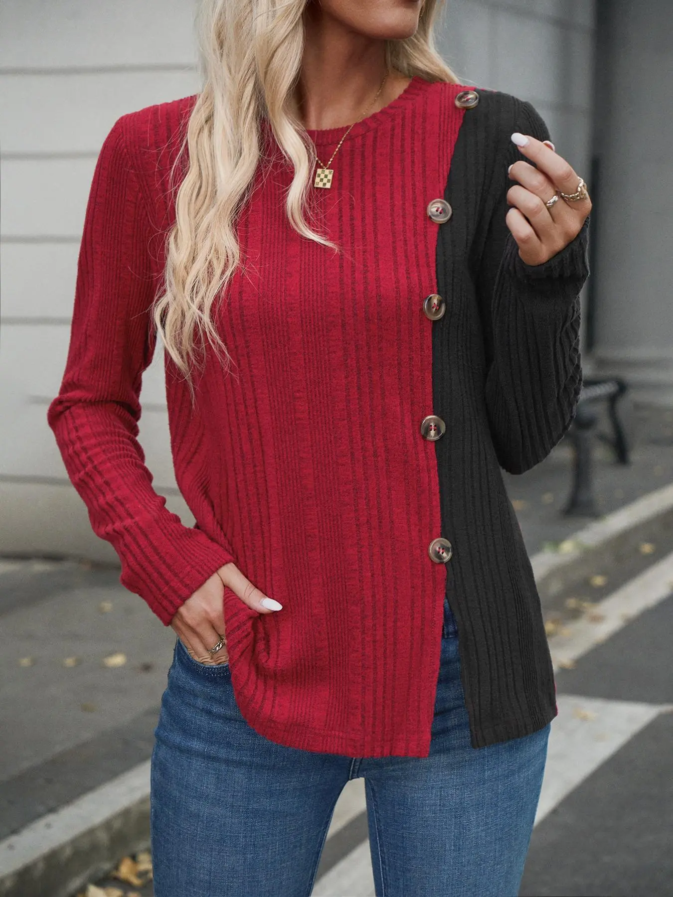 Women's Colorblock Split Hem Button Front Ribbed Tee, Casual Long Sleeve Round Neck T-shirt  for Fall & Winter, Fashion Ladies' Knit Clothing for Daily Wear