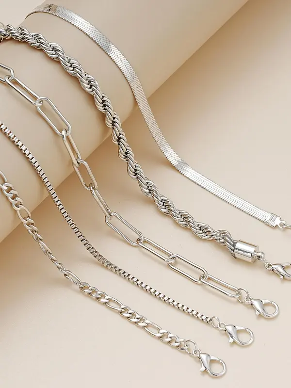 5pcs/set Street Fashion Chain Stack Bracelet for Party, Twist Design Hand Jewelry for Girl Boys, Elegant All-match Fashion Accessories for Daily Wear Valentine's Day Gift 8