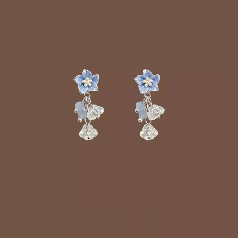 "Blue Lily" Summer New Product, Long Tassel Earrings, Face Slimming, Unique Design, Blue Flower Drop Earrings, Fresh and Simple Dopamine Daily Wear