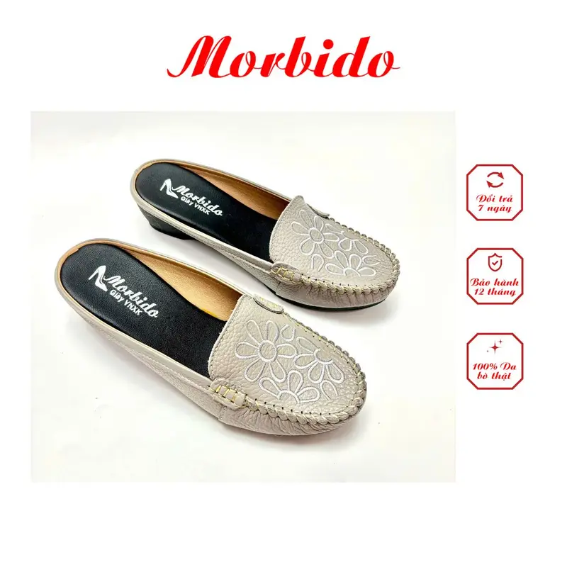 Giày Sục Nữ Thêu Hoa - Dép Sục  Da Bò Thật Đế Xuồng 4cm Morbido M509 0