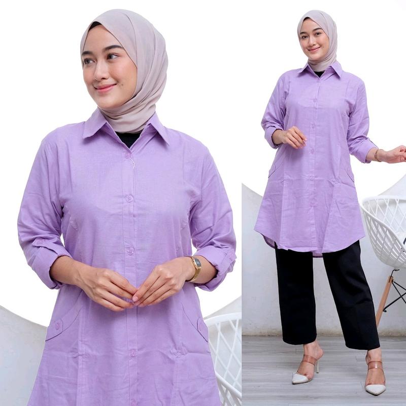 Tuni Polos Katun Linen Adem  Model Kekinian Kancing Nyaman Panjang Muslim tunik oversize 3