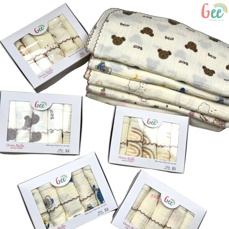Khăn sữa muslin Gee, set 5 khăn xô mềm mịn mát, thấm hút, an toàn cho bé, họa tiết dễ thương, vải cotton 2 lớp, 30x30cm 8