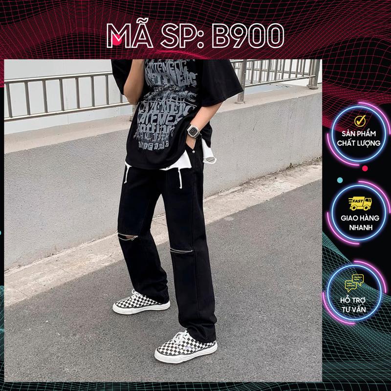 Quần baggy jean nam đen rách gối kéo khóa chất bò co dãn tốt form dáng rộng ống suông QDB900 mới Menswear Pants