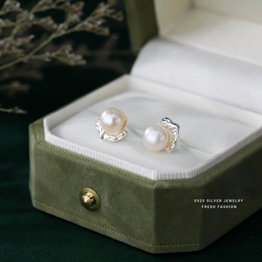 S925 Sterling Silver Lava Texture Pearl Stud Earrings for Women French Style Retro Affordable Luxury Simple High Sense Graceful Earrings