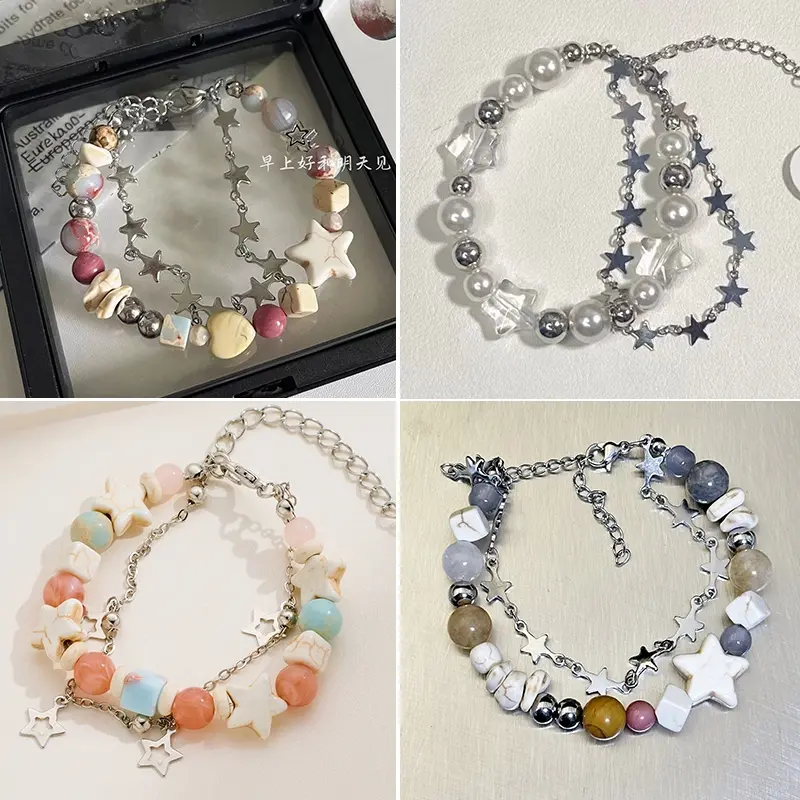 Gelang Bintang Alam Semesta Manis Gelang Mutiara Dua Lapisan Rantai Adjustable Bracelet