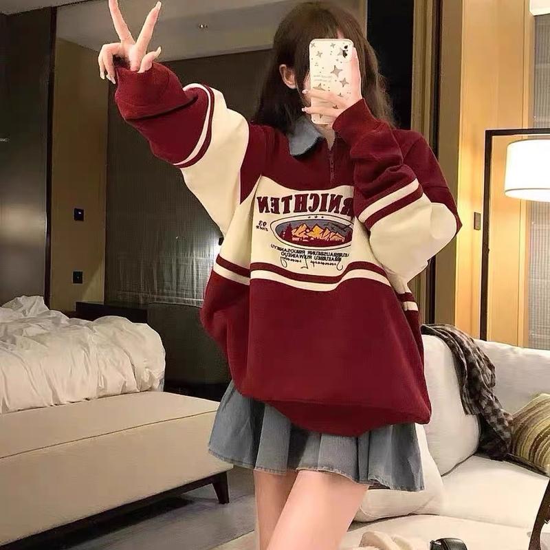 áo sweater nỉ nam,áo sơ mi tay dài,áo polo nam,Áo Khoác Tay Dài Cổ polo Hai Màu Có Khóa Kéo Dáng Rộng Cỡ Lớn 75kg Phong Cách Cổ Điển Thời Trang Xuân Thu Mới Cho Nam Và Nữ Top Women Hoodie Đen