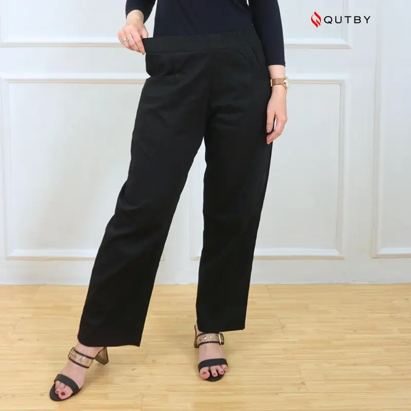 QUTBY - Celana Kulot Panjang Wanita Korean Long Pants Celana Kerja Jumbo Bahan Katun Twill Premium Full Karet Nyaman 4