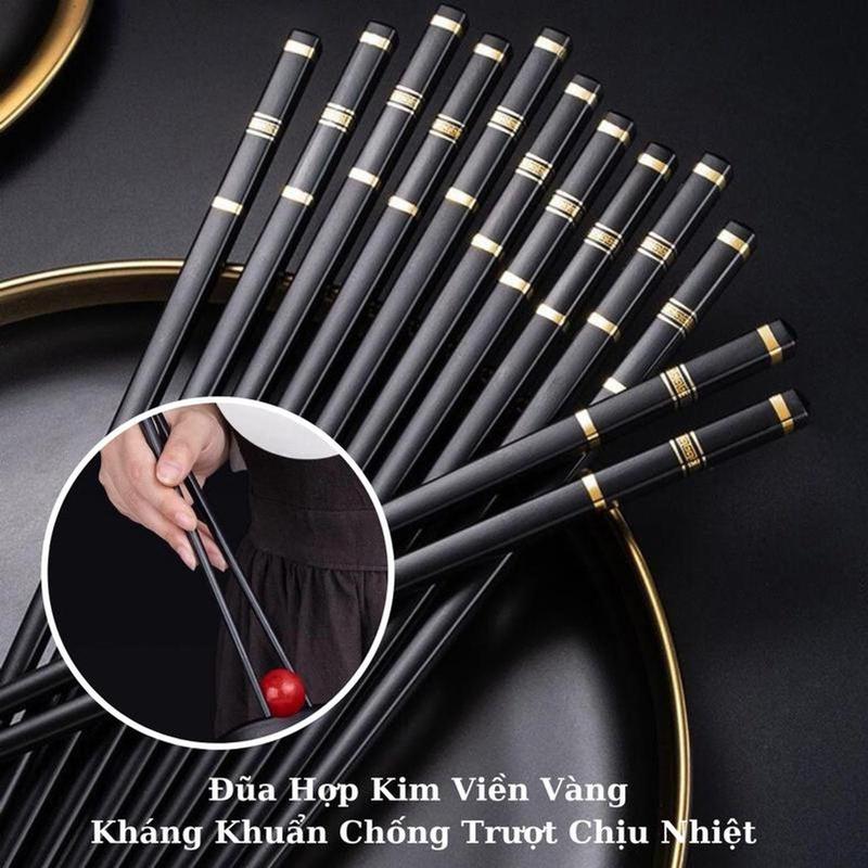  Combo 10-30 Đôi Đũa Hợp Kim Sợi Thuỷ Tinh Viền Vàng Chống Trơn Chống Mốc Chịu Nhiệt Sang Trọng du a 