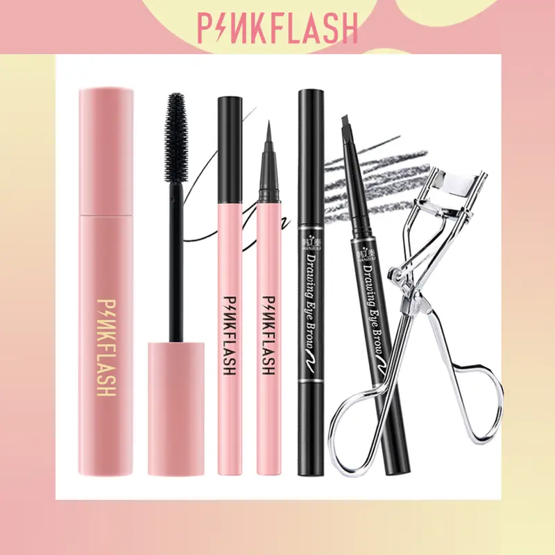 Bộ Trang Điểm Mắt, 4 Món, PINKFLASH, Mascara Không Thấm Nước, Bút Kẻ Mắt, Bút Chì Kẻ Lông Mày, Kẹp Mi 0