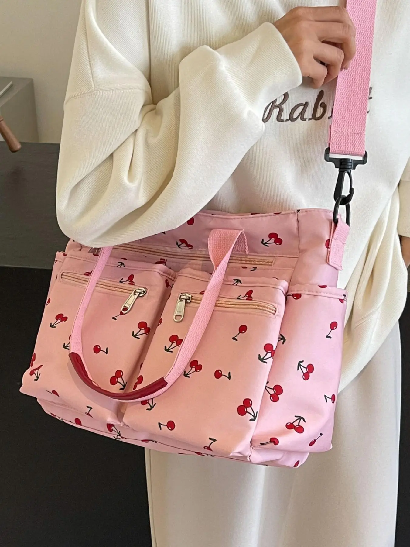 Women's Cherry Pattern Tote Bag, Cute Crossbody Bag for Daily Used, Casual Trendy Versatile High-quality Daily Commuting Bag, Girl Fashionable Shopping Bag