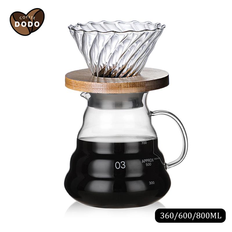 Bộ Bình đựng cà phê thủy tinh V60 Giá Đỡ Phễu Bằng Gỗ Tròn Bình Pha Cà Phê Bằng Giấy Lọc Dung Tích 360ML/600ML/800ML
