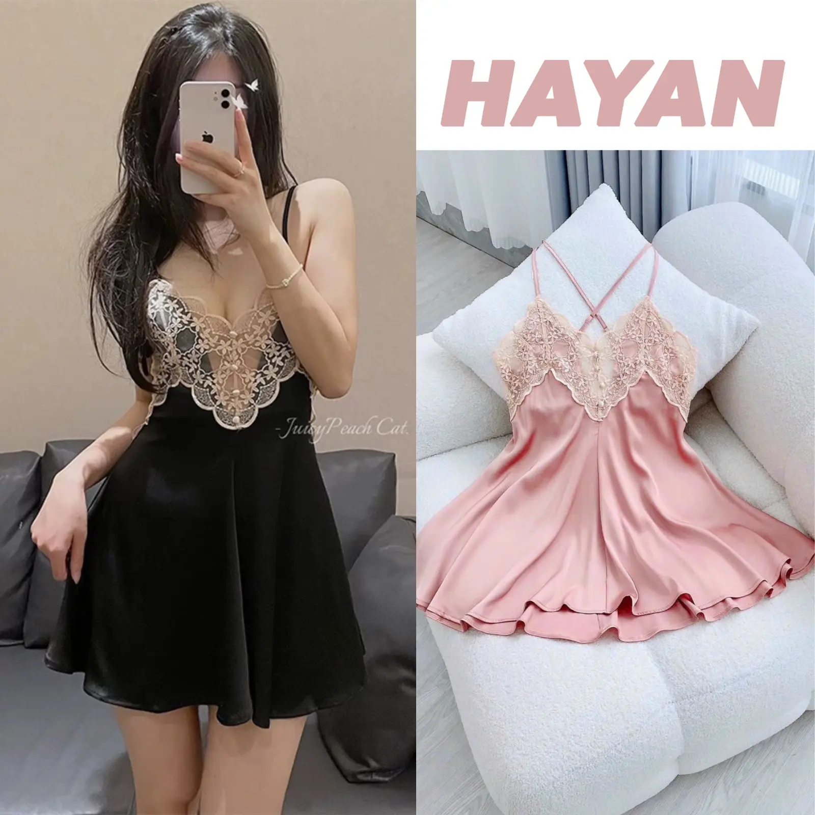 HT179 Váy ngủ sexy viền ren xẻ ngực , đồ ngủ lụa dáng xòe siêu hách dáng HT179