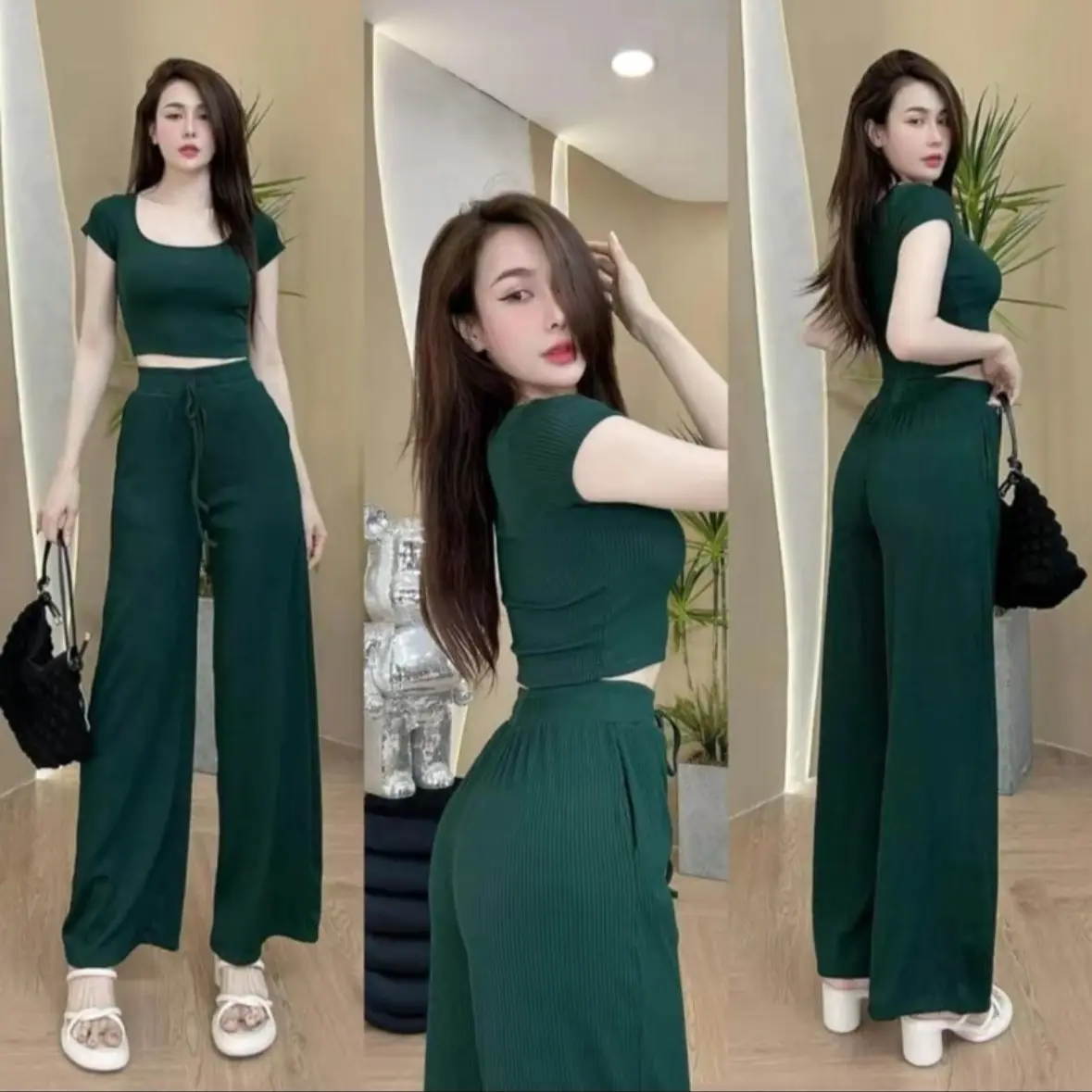 SET DÀI SUÔNG BIGSIZE THUN TĂM TRƠN ÁO CROPTOP CỔ VUÔNG