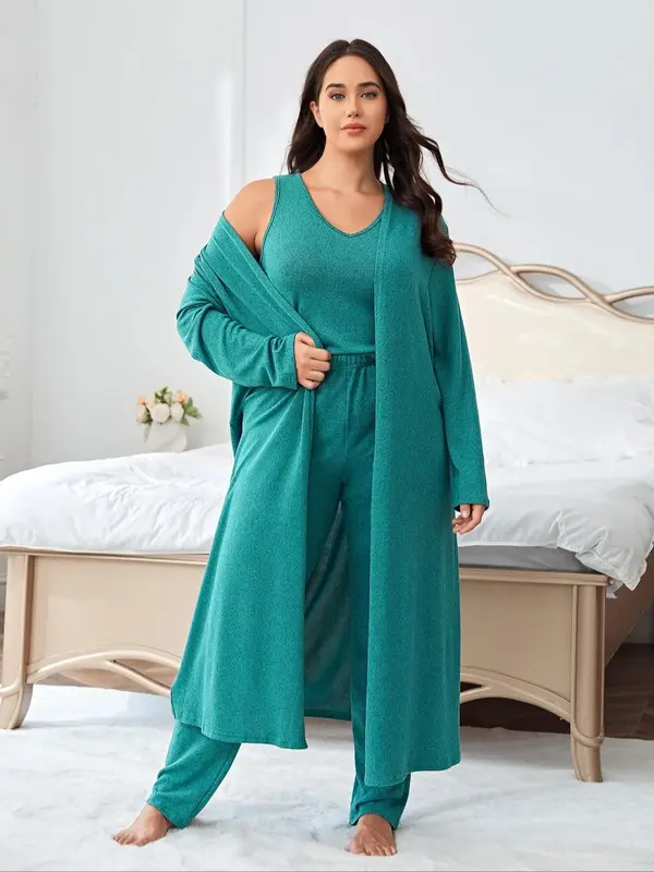 Plus Size Solid V Neck Tank Top & Elastic Waist Pants & Open Front Lounge Robe Set, Casual Comfy Sleepwear Set, Womens Clothes, Women's Sleepwear for All Seasons Valentine's Day, gift, Pajamas 2
