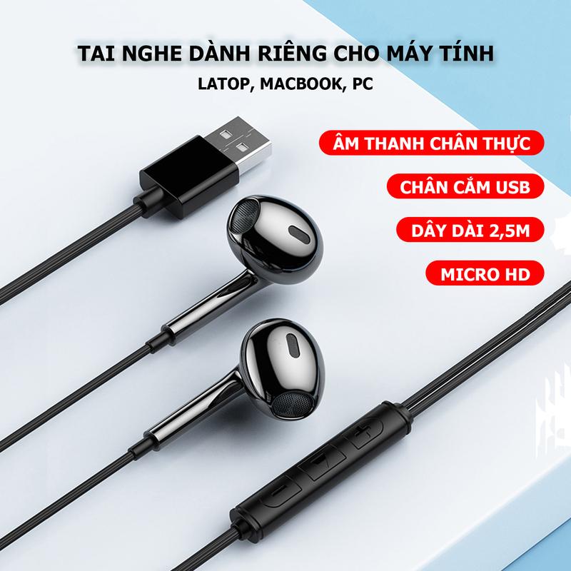 Tai Nghe Máy Tính KU10 Dây Dài 2,5m tai nghe có dây dành riêng cho laptop pc với chân cắm USB có mic đàm thoại HD