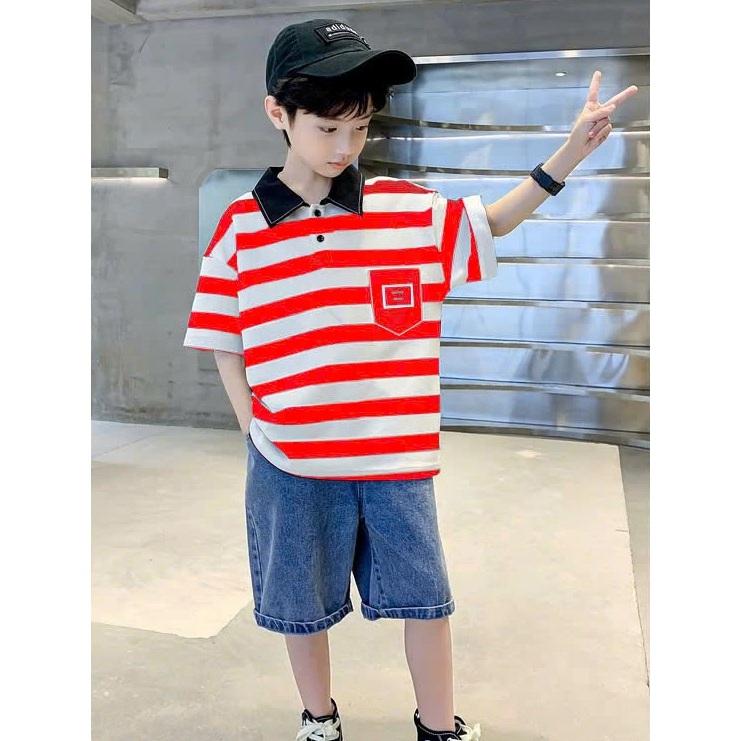 Áo polo hè cho bé trai 4-14 tuổi , áo cộc tay bé trai 14-45 kg ,áo có cổ  chất cotton mẫu KẺ BOTE phong cách dễ thương dịu dàng thấm hút mồ hôi . 5