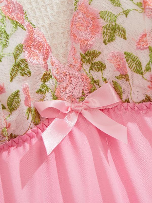 Women's Floral Embroidery Contrast Lace Bow Decor Cami Nightdress, Elegant Backless Spaghetti Strap Nightgown for All Seasons, Fashion Ladies Sleepwear for Daily Wear 4