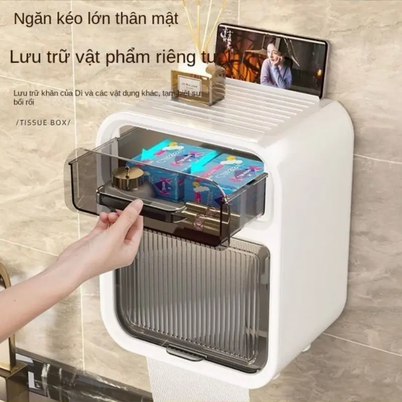 Hộp Đựng Giấy Vệ Sinh 2 Tầng Có Ngăn Kéo Gắn Tường. Kệ Đựng Đồ Nhà Tắm Toilet Đa Năng Ngăn Nước Kèm Miếng Dán Dính Tường 2