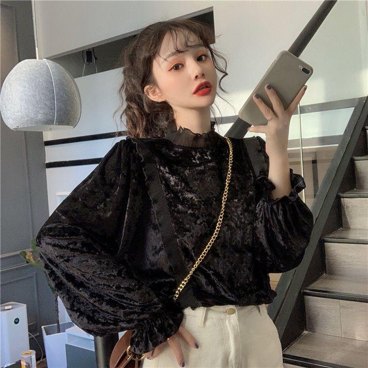 Product Introduction of Áo Sơ Mi Nhung, Ngọt Ngào Và Thanh Lịch, Chắp Vá Selvedge Dây Cổ Đứng, Hàng Mới Về Mùa Thu Cho Nữ, Tay Phồng Trẻ Trung, Áo Dài Tay 7