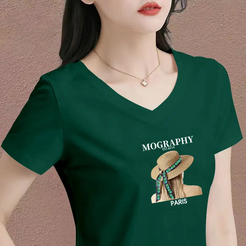 Áo Thun Cotton, Dành Cho Nữ, Ngắn Tay, Bộ Sưu Tập Mùa Hè 2024, Thời Trang Mới, Áo Cổ Chữ V Dễ Phối Đồ Hợp Xu hướng, Ngoại Cỡ, Dáng Ôm, Thích Hợp Cho Mẹ Mặc