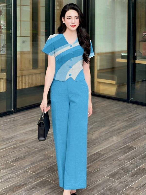  Bộ Nữ Quần Dài Áo Cộc Tay Set Đũi Nữ Quần Ống Suông Bộ Đồ Trung Niên Cho Mẹ R69 