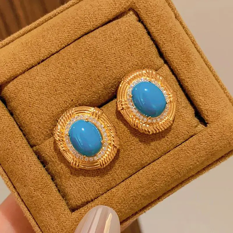 South Korea Style Blue Pine Stud Earrings Women's Fashion Luxury Full Diamond Earrings Expensive Flash Gold Autumn and Winter Wild Earrings