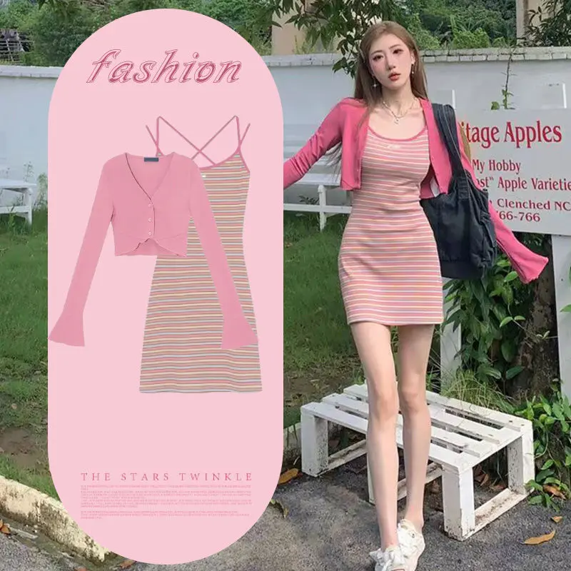 Bộ Hai Mảnh, Áo Cardigan Dài Tay, Váy Ngắn Có Dây Đeo Sọc Đầy Màu Sắc, Dành Cho Bé Gái Hợp Xu hướng Bộ Váy Mỏng Mùa Hè Mới Cho Nữ