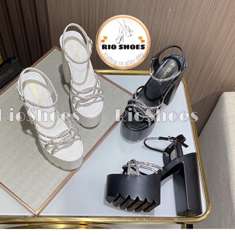 (Fom 1.5 lui 1size)Giày siêu cao gót SIÊU NHẸ đế PU cao14cm kết hợp quai xoàn đá phong cách Hàn Quốc siêu êm chân không thấm nước,k mỏi chân 2 màu đen,trắng cưới giay cuoi Nữ DéP Sandal Shoes Nhung 2