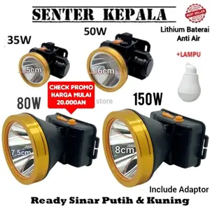 Head Lamp 35w, 50w, 80w, 100w, 120w, 150w /Senter Kepala Terang , Anti Air , Rechargeable , Bisa Ganti Baterai ( 70 Watt )