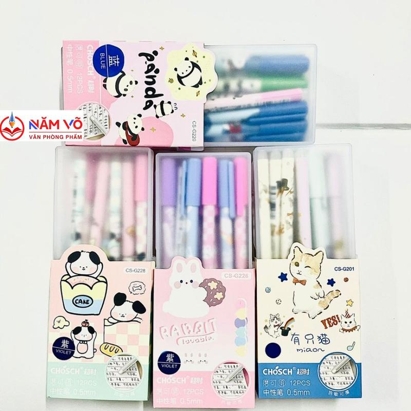 (HỘP NHỰA) HỘP 12 Cây Bút Gel Nắp Đậy Xóa Được CHOSCH Hộp Nhựa Ngòi 0.5mm Nhiều Hình Dễ Thương Mực Xanh, Tím (Mẫu Ngẫu Nhiên)