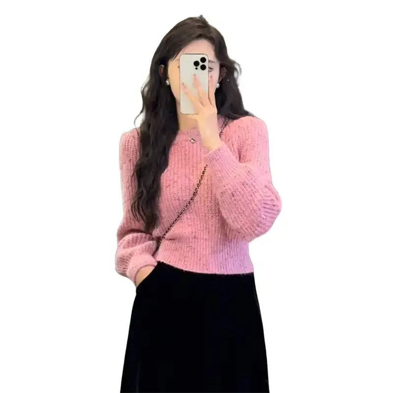 Áo Len Ngắn, Màu Hồng, Cổ Tròn, Dành Cho Nữ, Hàng Mới Về Mùa Thu Và Mùa Đông, Áo Len Bên Trong Phổ Biến Women Top