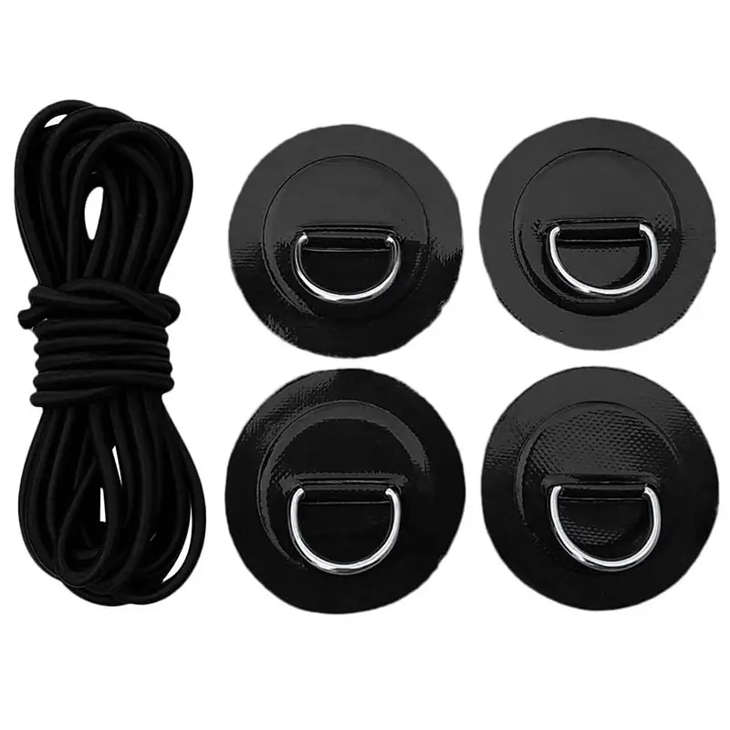 4Pcs Surfboard Dinghy Boat PVC Patch with D Ring Deck Rigging Kit Surfboard Round Ring Pad Elastic Bungee Rope,Black