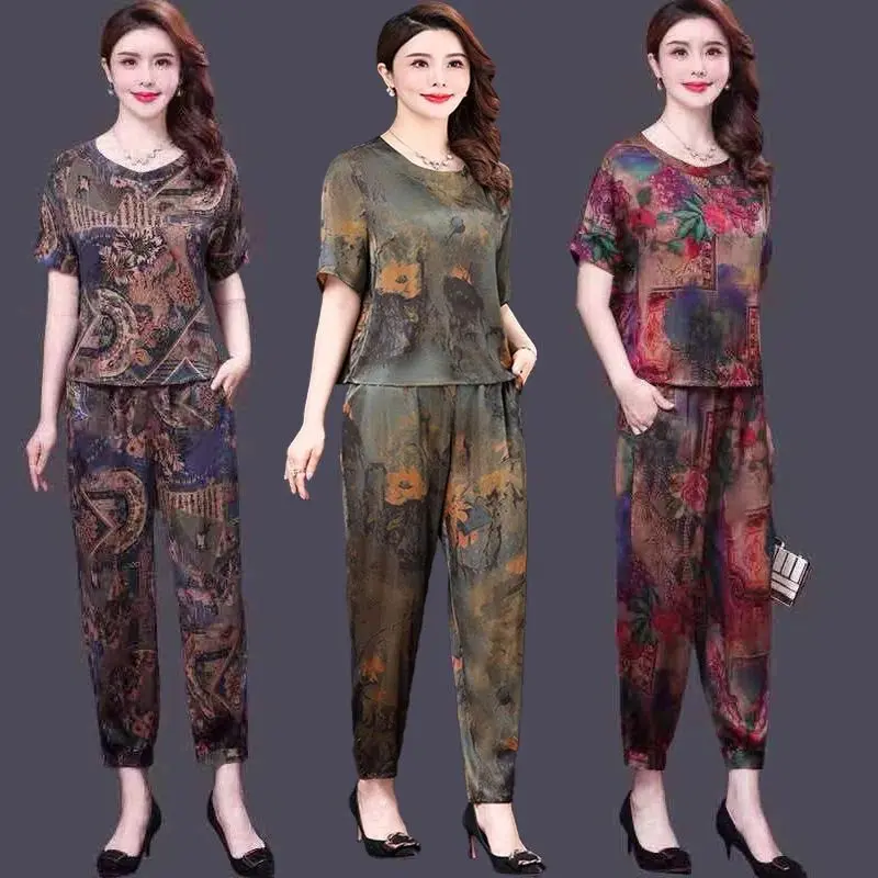 Bộ Đồ Quần Harem Nữ, Hàng Mới Về Mùa Hè, Sợi Xiangyun Giả, Chất Liệu Lụa Nặng Giả, Bộ Đồ Hai Mảnh Cho Mẹ TRUNG NIÊN 0
